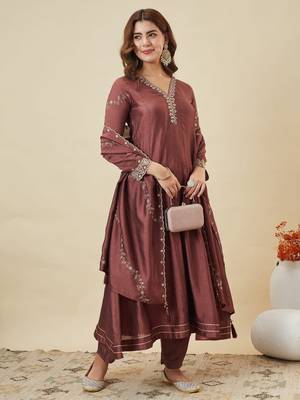 Brown party wear embroidery vichitra silk blend kurta with pant and dupatta 2