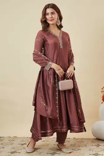 Brown party wear embroidery vichitra silk blend kurta with pant and dupatta