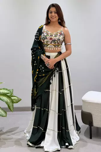 Black&Green Rayon Readymade Navratri Lehenga Choli with Embroidery & Miroor Work