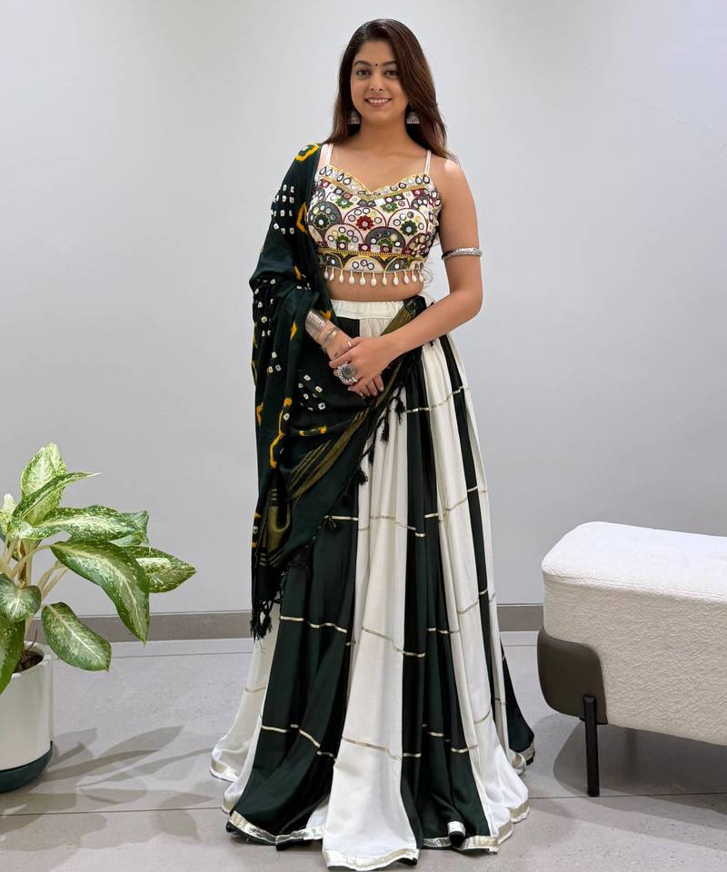 Black&Green Rayon Readymade Navratri Lehenga Choli with Embroidery & Miroor Work