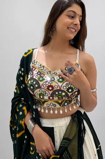 Black&Green Rayon Readymade Navratri Lehenga Choli with Embroidery & Miroor Work