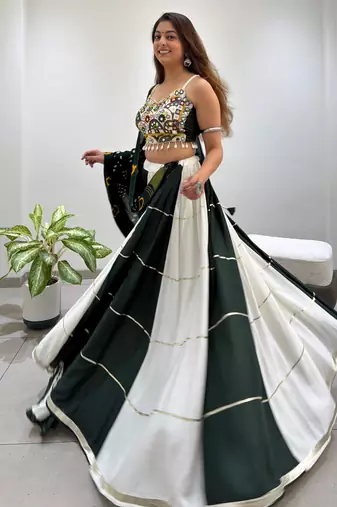 Black&Green Rayon Readymade Navratri Lehenga Choli with Embroidery & Miroor Work