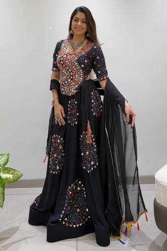 Black Rayon Readymade Navratri Lehenga Choli with Embroidery & Miroor Work
