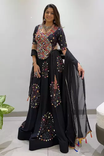 Black Rayon Readymade Navratri Lehenga Choli with Embroidery & Miroor Work