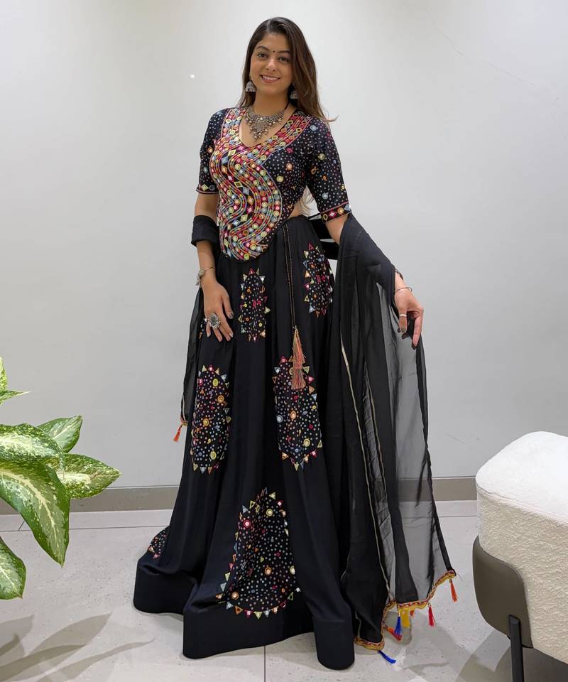 Black Rayon Readymade Navratri Lehenga Choli with Embroidery & Miroor Work