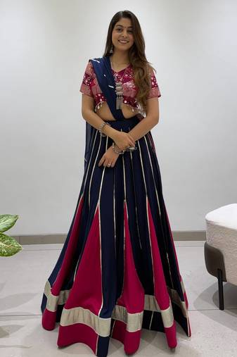 Navy&Magenta Rayon Readymade Navratri Lehenga Choli with Embroidery & Miroor Work