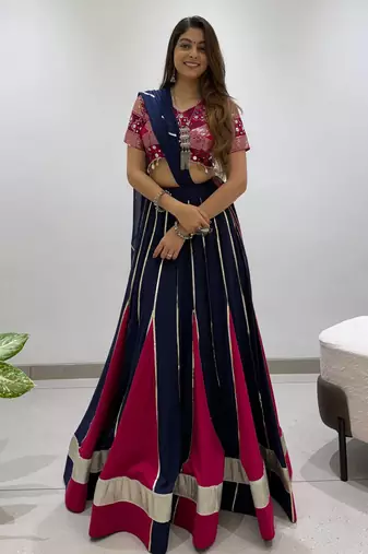 Navy&Magenta Rayon Readymade Navratri Lehenga Choli with Embroidery & Miroor Work
