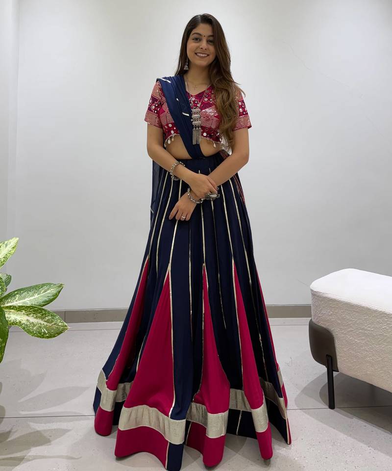 Navy&Magenta Rayon Readymade Navratri Lehenga Choli with Embroidery & Miroor Work