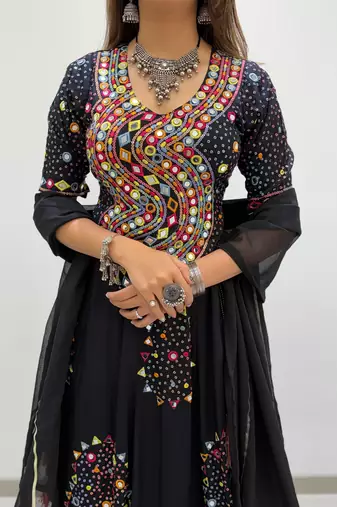 Black Rayon Readymade Navratri Lehenga Choli with Embroidery & Miroor Work