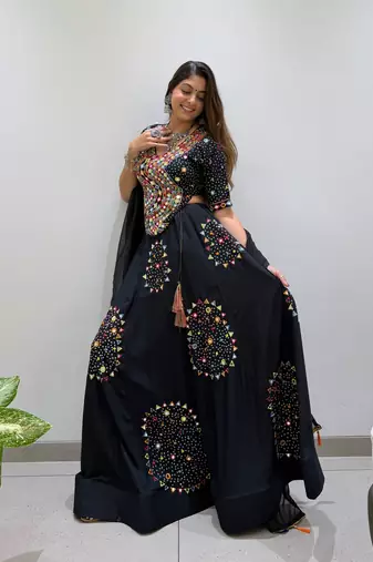 Black Rayon Readymade Navratri Lehenga Choli with Embroidery & Miroor Work