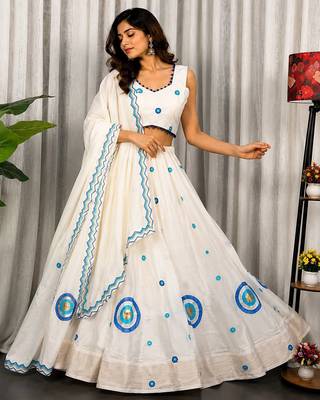 White Silk Blend Readymade Navratri Lehenga Choli with Embroidery & Thread Work 1
