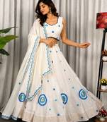 White Silk Blend Readymade Navratri Lehenga Choli with Embroidery & Thread Work