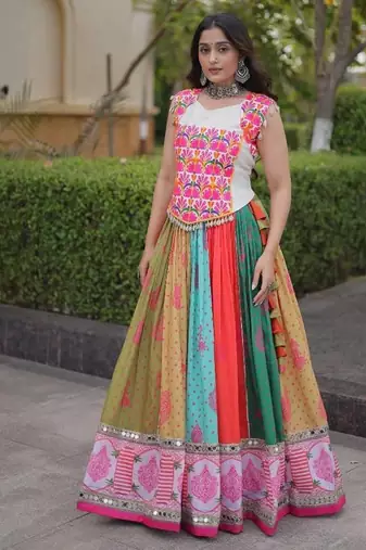 Multicolor Cotton Readymade Navratri Lehenga Choli with Embroidery & Miroor Work