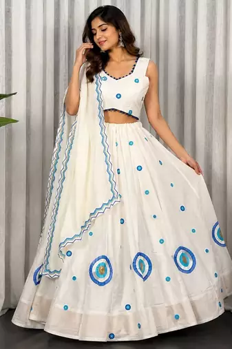 White Silk Blend Readymade Navratri Lehenga Choli with Embroidery & Thread Work