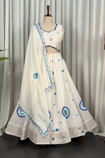 White Silk Blend Readymade Navratri Lehenga Choli with Embroidery & Thread Work