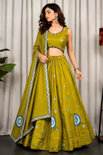 Olive Silk Blend Readymade Navratri Lehenga Choli with Embroidery & Thread Work