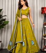 Olive Silk Blend Readymade Navratri Lehenga Choli with Embroidery & Thread Work