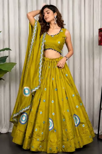 Olive Silk Blend Readymade Navratri Lehenga Choli with Embroidery & Thread Work