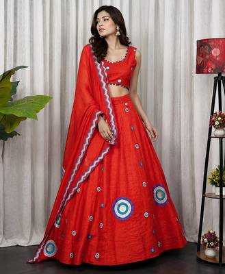Orange Silk Blend Readymade Navratri Lehenga Choli with Embroidery & Thread Work 3