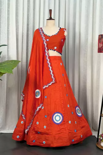 Orange Silk Blend Readymade Navratri Lehenga Choli with Embroidery & Thread Work
