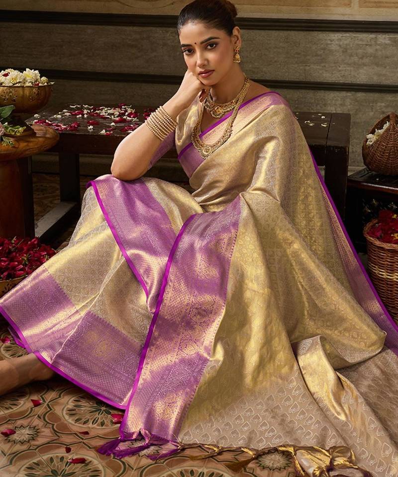 purple silk blend kanchipuram silk woven saree