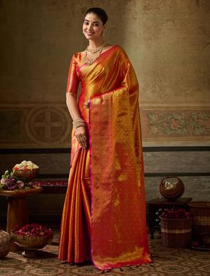 Orange silk blend kanchipuram silk woven saree 1