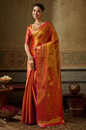 Orange silk blend kanchipuram silk woven saree