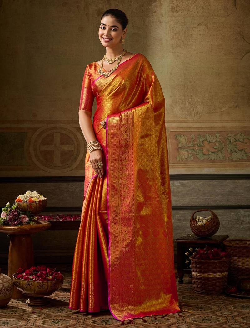 Orange silk blend kanchipuram silk woven saree