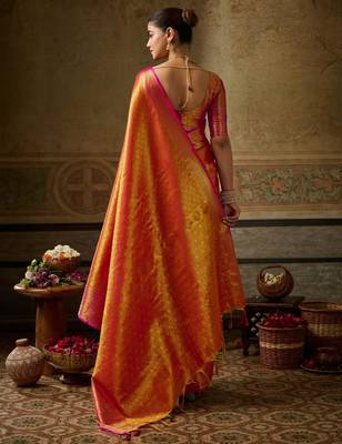 Orange silk blend kanchipuram silk woven saree 2