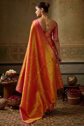 Orange silk blend kanchipuram silk woven saree