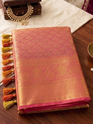 Orange silk blend kanchipuram silk woven saree 3
