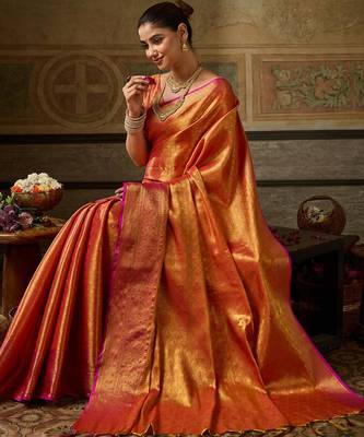 Orange silk blend kanchipuram silk woven saree 4