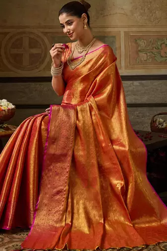 Orange silk blend kanchipuram silk woven saree