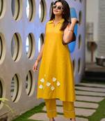 Yellow floral printed pure cotton sleeveless kurta trouser set for women