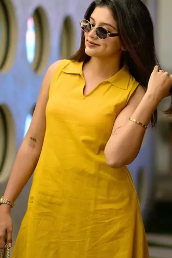 Yellow floral printed pure cotton sleeveless kurta trouser set for women