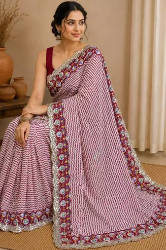 Maroon silk blend lehriya printed saree