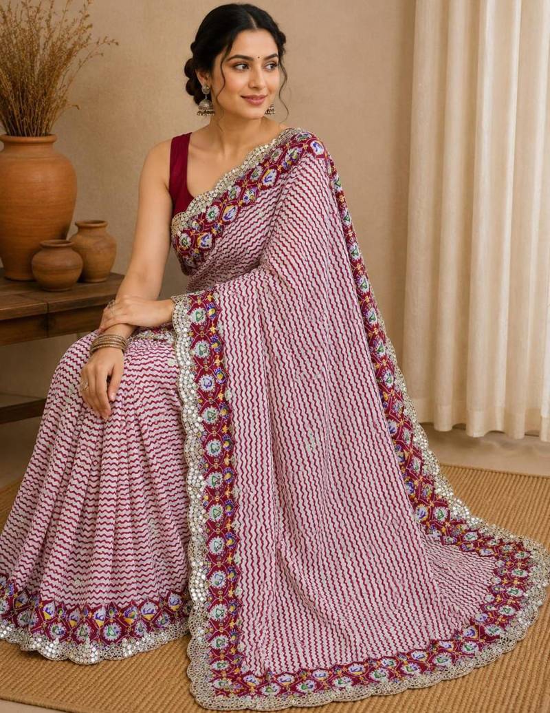Maroon silk blend lehriya printed saree