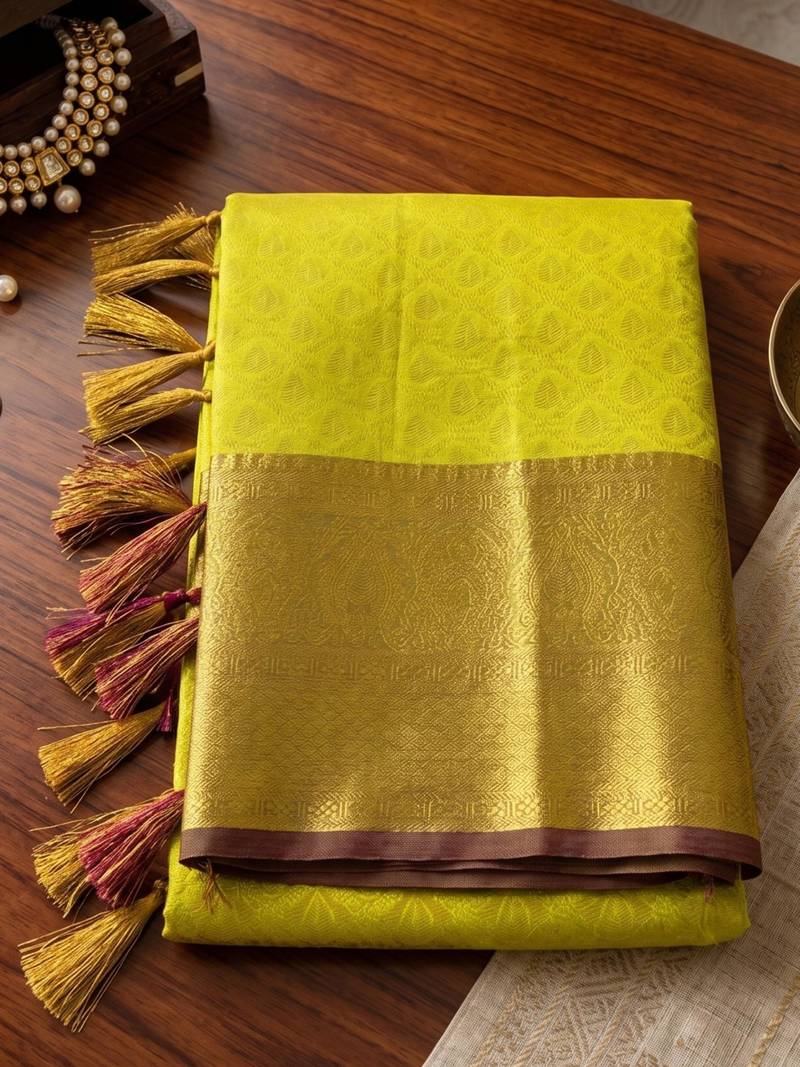 green silk blend kanchipuram silk woven saree