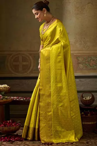 green silk blend kanchipuram silk woven saree