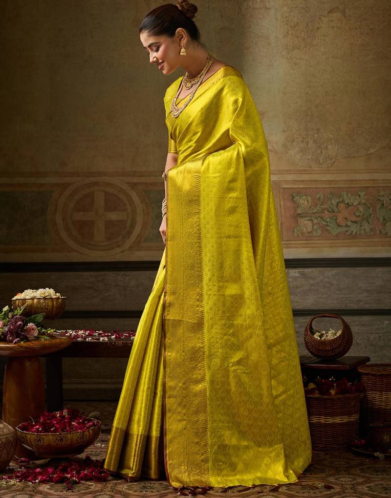 green silk blend kanchipuram silk woven saree