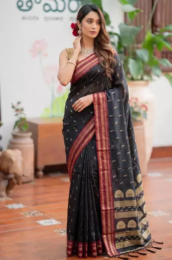 black silk blend zari woven saree
