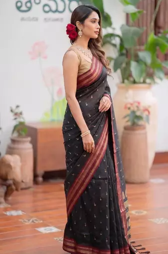 black silk blend zari woven saree