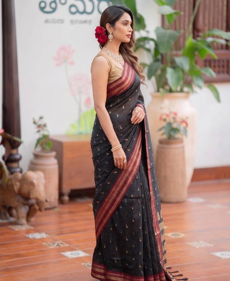 black silk blend zari woven saree