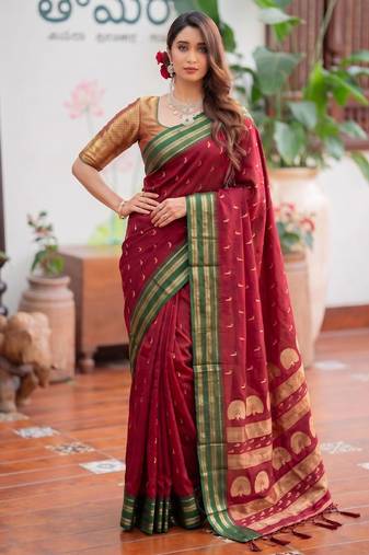maroon silk blend zari woven saree