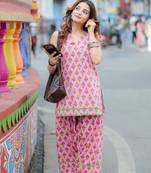 Pink floral printed pure cotton sleeveless v-neck kurta farshi salwar set for women
