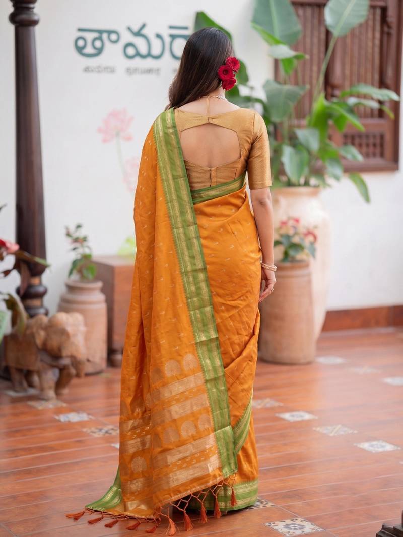mustard silk blend zari woven saree