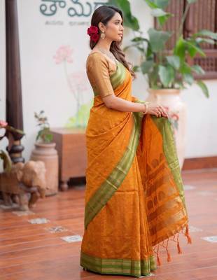 mustard silk blend zari woven saree 3
