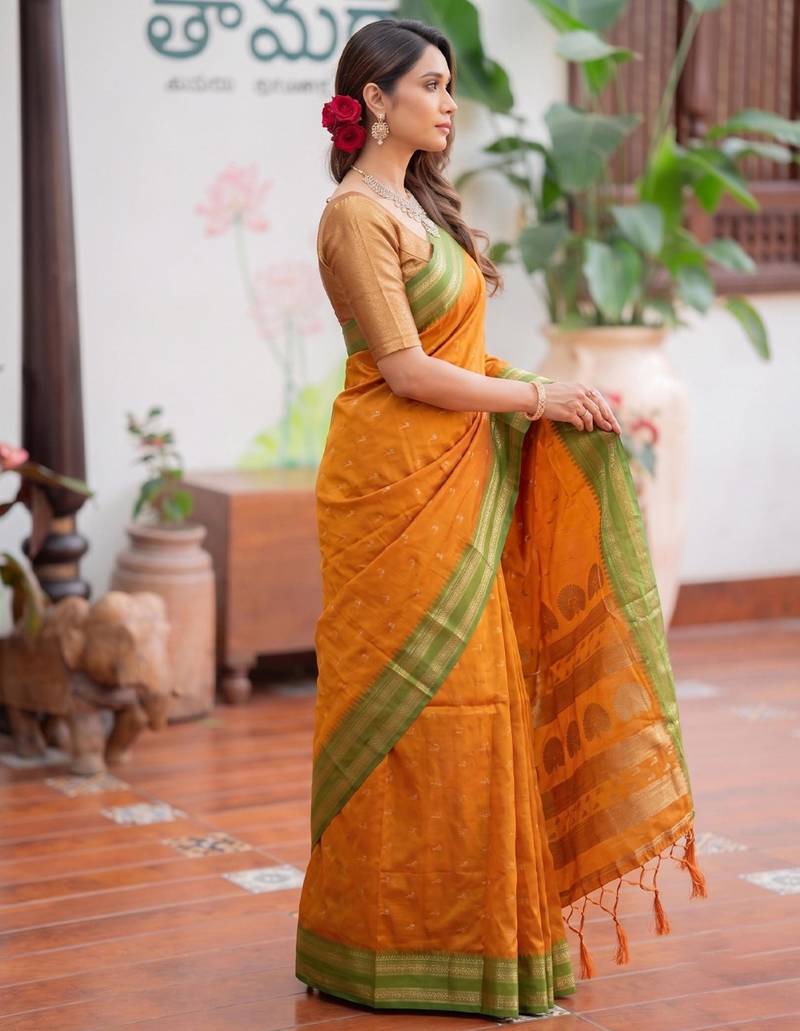 mustard silk blend zari woven saree