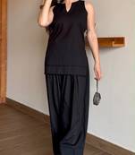 Black floral printed pure cotton sleeveless kurta farshi salwar set for women