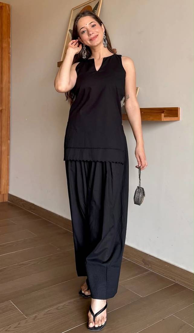 Black floral printed pure cotton sleeveless kurta farshi salwar set for women